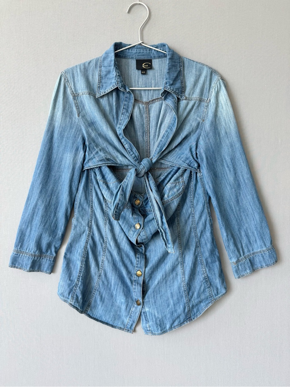 Just Cavalli Light Wash Denim Tie-Front Button Down Shirt with Bodice - Size 44
